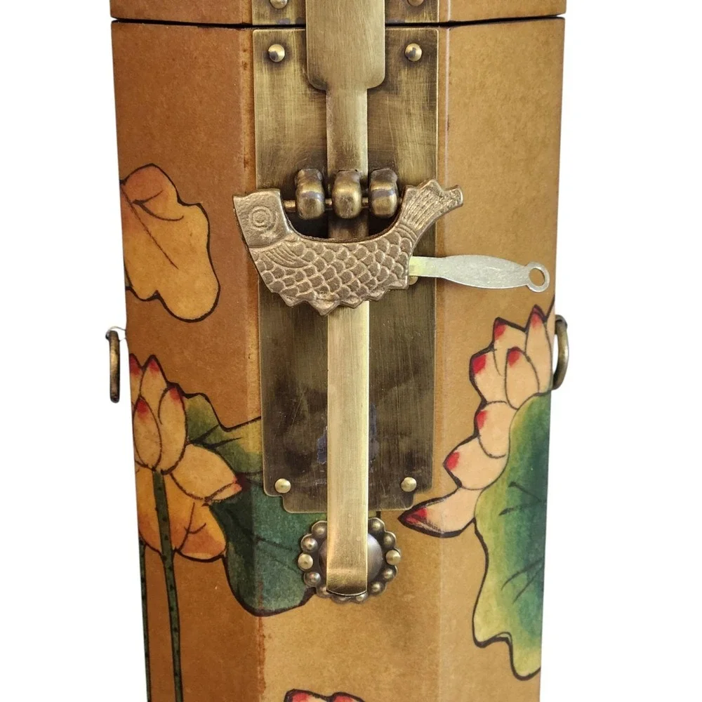 Asian Wood Tower Oriental Box Brass Fish w/ Key MCM Vintage Handpainted Flowers‎